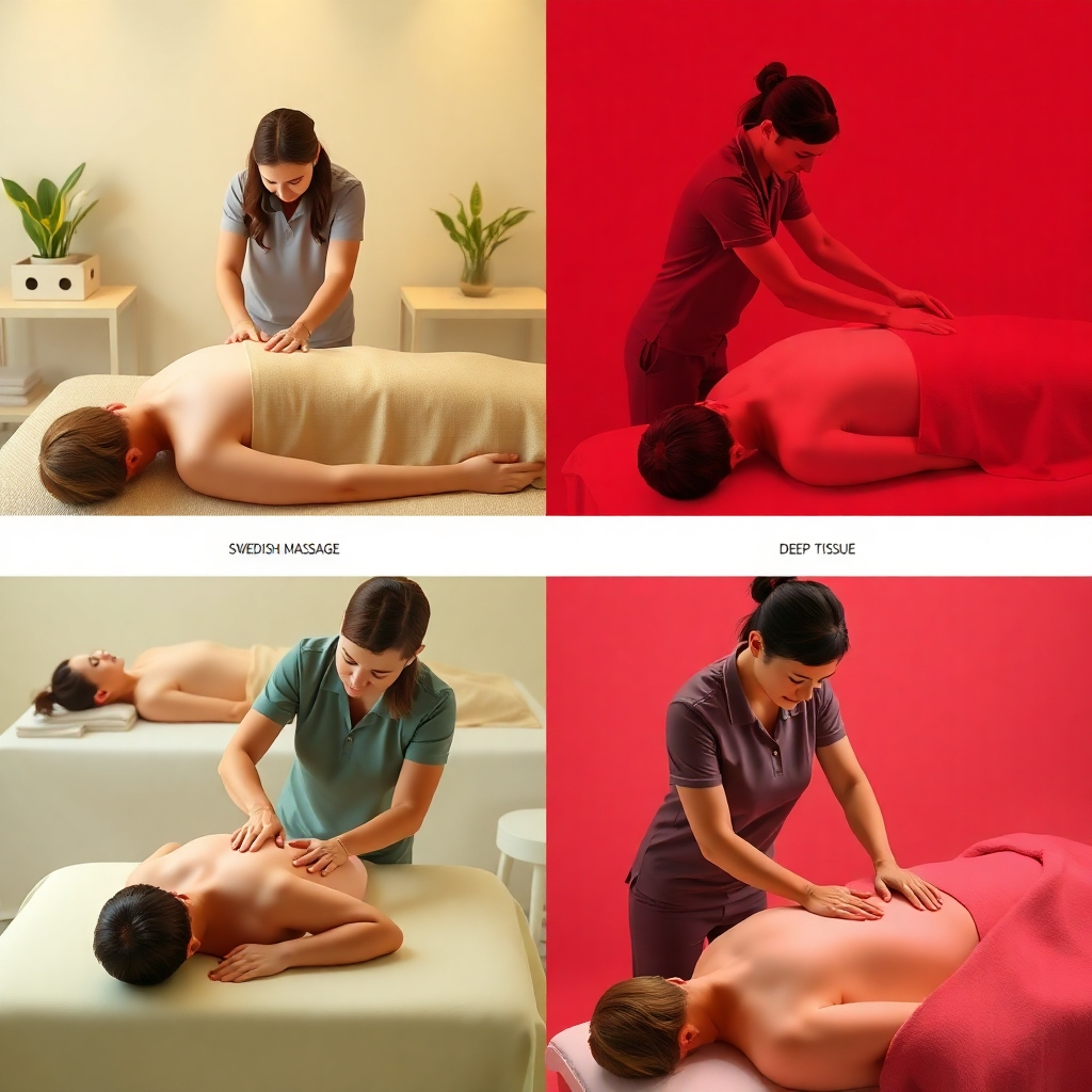 A photorealistic image showing various massage techniques being performed simultaneously: Swedish massage, Shiatsu, and deep tissue. High-quality image, 4K resolution, showing several massage therapists performing different massage techniques on different patients. Emphasize the diversity of techniques through color variations and body postures. Include a slight variation in lighting to differentiate the various scenes. Highlight the professionalism and serenity of each technique.