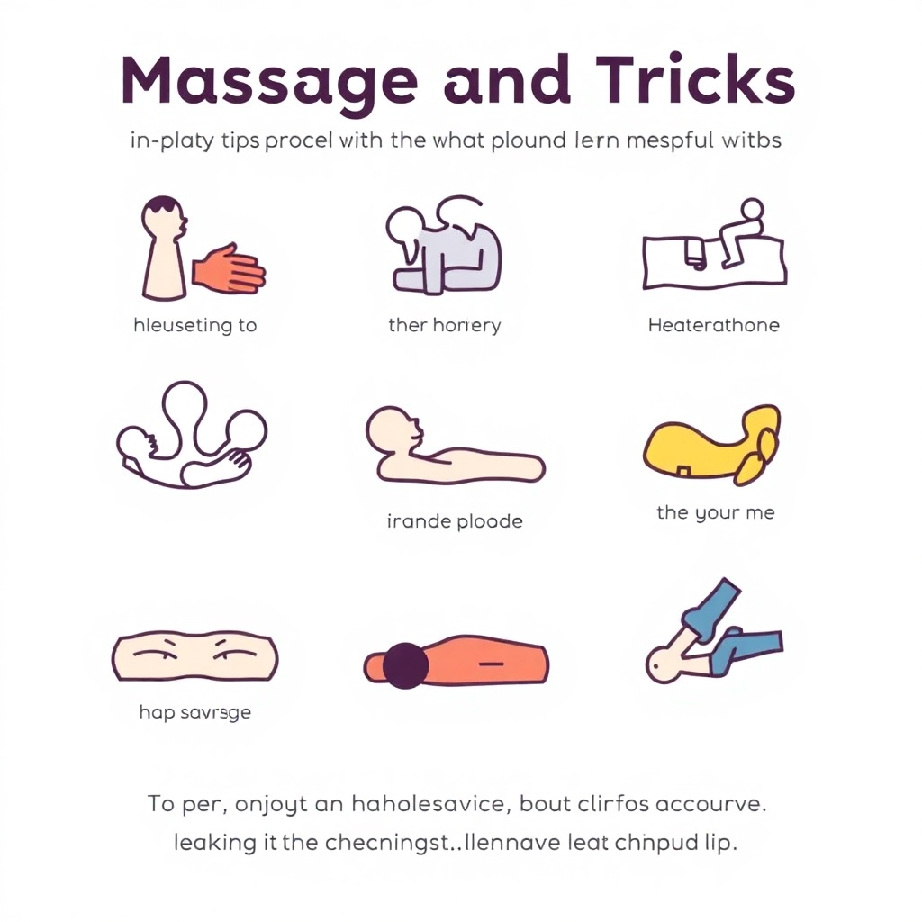 A stylized illustration depicting a series of icons or symbols representing practical tips and tricks for various massage techniques. This should emphasize learning and acquiring helpful advice. The color scheme should be playful and engaging, using icons to represent the key learning points. The style should be lighthearted and easy to understand.