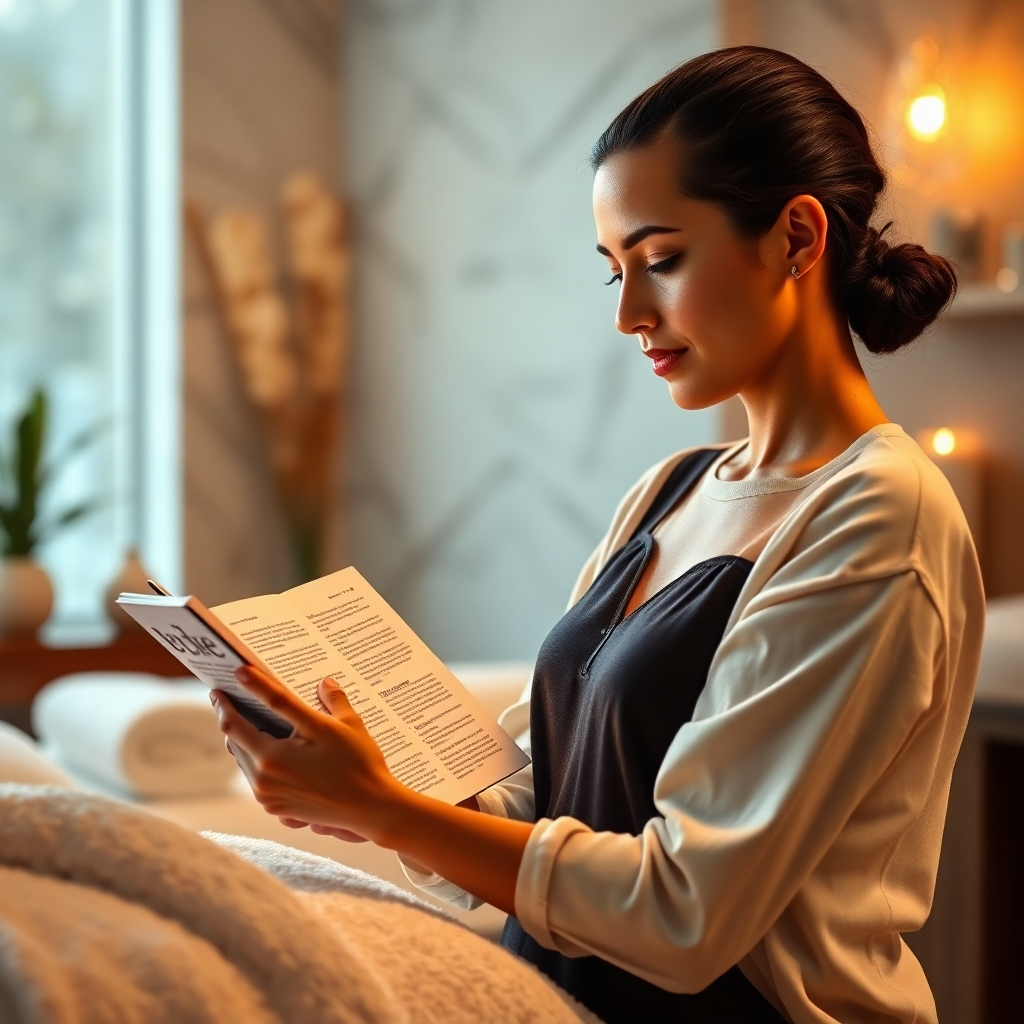 A 4K resolution image depicting a close-up of hands flipping through an ebook, with pages showing different massage techniques. Focus on the details of the diagrams, illustrations, and text to highlight the quality and richness of the information presented. The lighting should be subtle, and the background should be blurred to emphasize the ebook and hands. The style should be clean, professional, and visually appealing.
