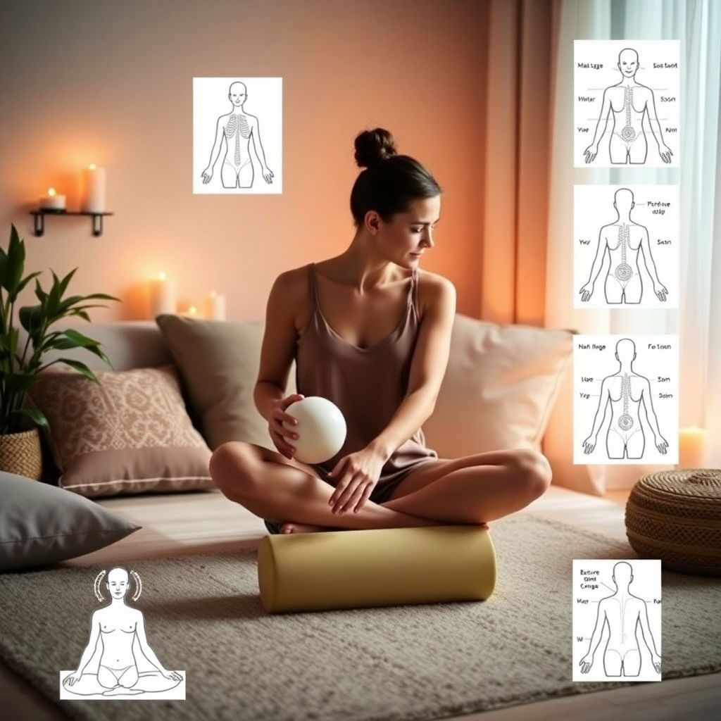 Create a photorealistic, ultra-high-quality 8K resolution image for a hero header. The image should depict a serene spa-like setting with soft, natural lighting. Focus on a pair of hands gently performing a massage on a person's back. Emphasize the texture of the skin, the softness of the hands, and the feeling of relaxation. Use a warm color palette with earthy tones, like creams, browns, and soft greens. The camera angle should be slightly elevated, offering a view of the scene from a comfortable perspective. The image should convey a sense of peace, tranquility, and well-being. Include subtle details, such as soft fabrics, dim lighting, candles, and maybe essential oil bottles. Reference images should evoke a sense of serenity and professionalism, similar to high-end spa advertising imagery.  The overall style should be minimalistic and elegant, focusing on the beauty of the human touch and relaxation. The texture of the skin and the fabric should be hyperrealistic, creating a sense of depth and realism. Include some negative space to prevent a cluttered look.